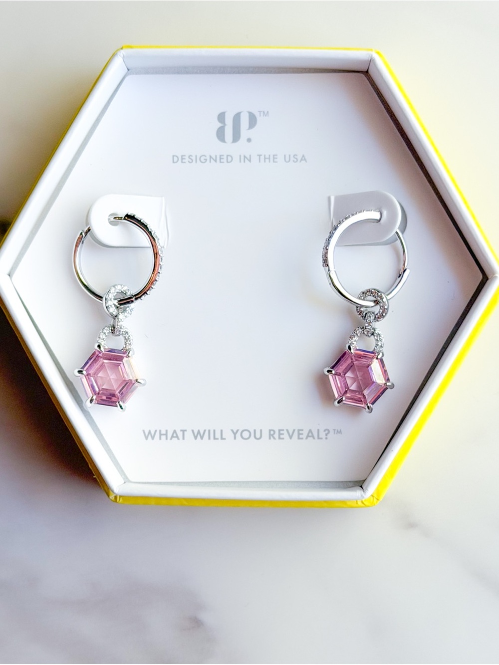 Bomb Party Love’s Perfect Echo Pink Rose Quartz CZ Pavé Hoop Drop Earrings NWT